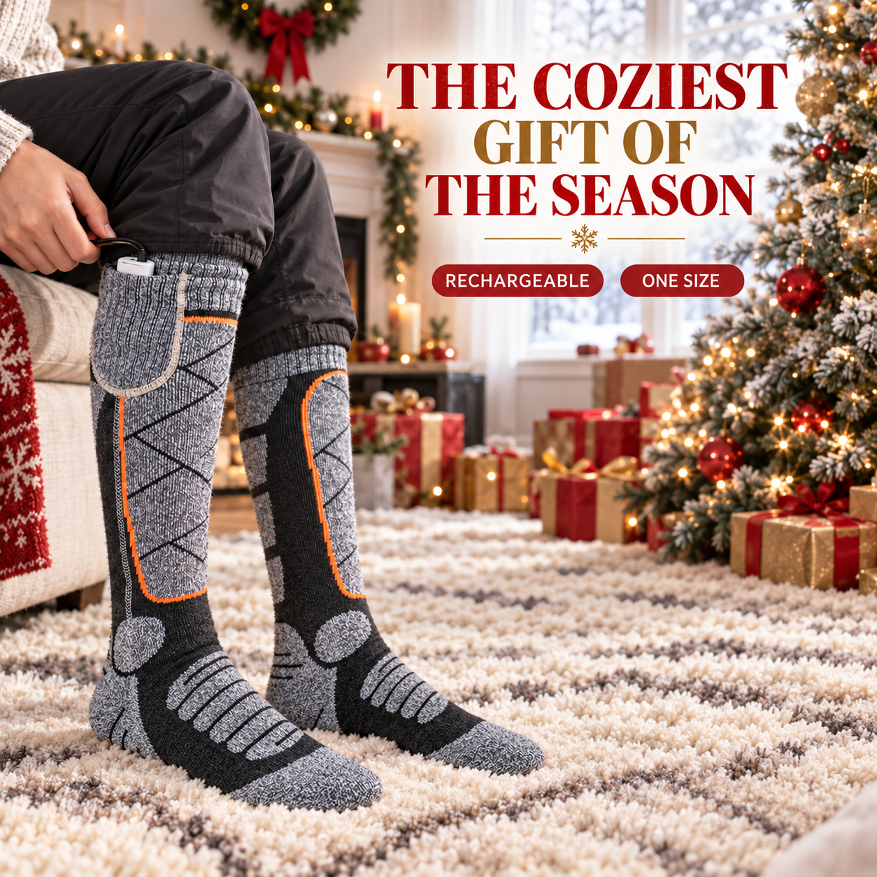Rechargeable heated socks in a cozy Christmas room