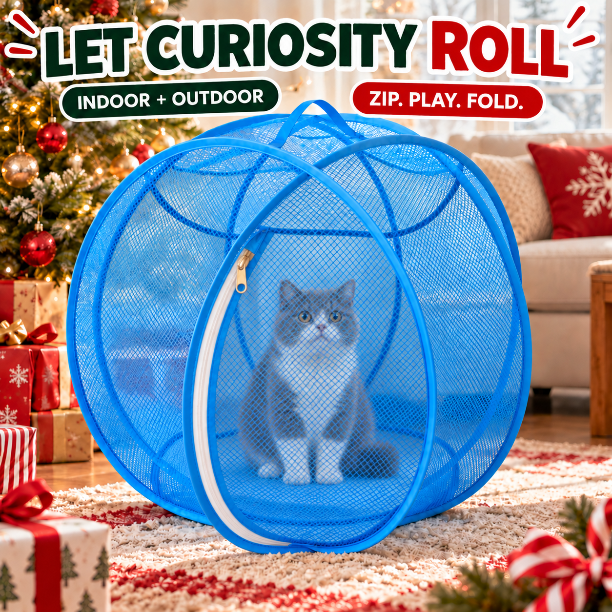 Gray and white British Shorthair sitting fully inside a closed blue mesh playpen beside a Christmas tree