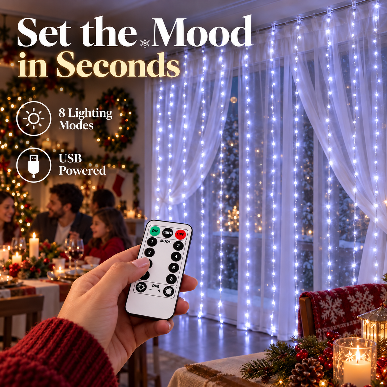 3M x 3M Christmas Curtain String Lights with Remote - 2