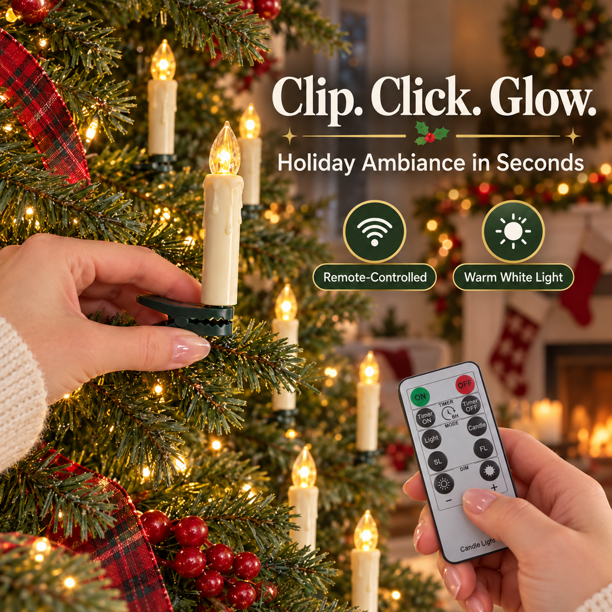 Clip-on LED Christmas candle being attached to a tree with remote control