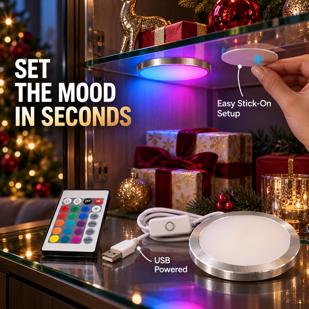 RGB USB Puck Light with 24-Key Remote - 2
