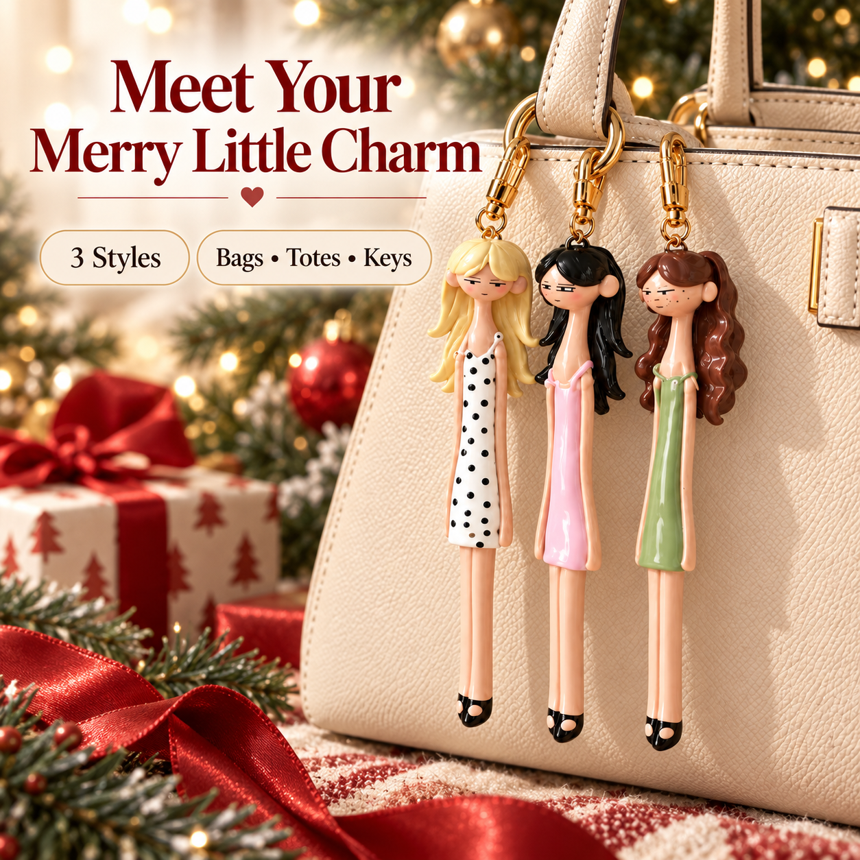 Three doll bag charm styles displayed on a cream handbag for Christmas