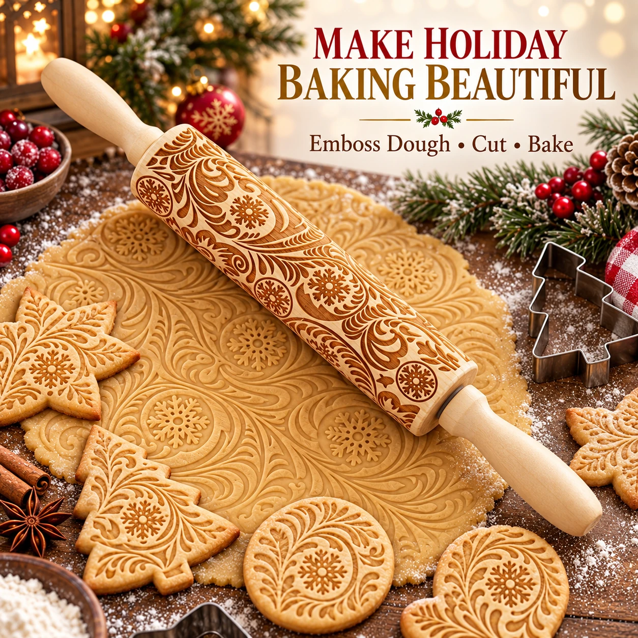 Christmas embossed wooden rolling pin with patterned dough and cookies