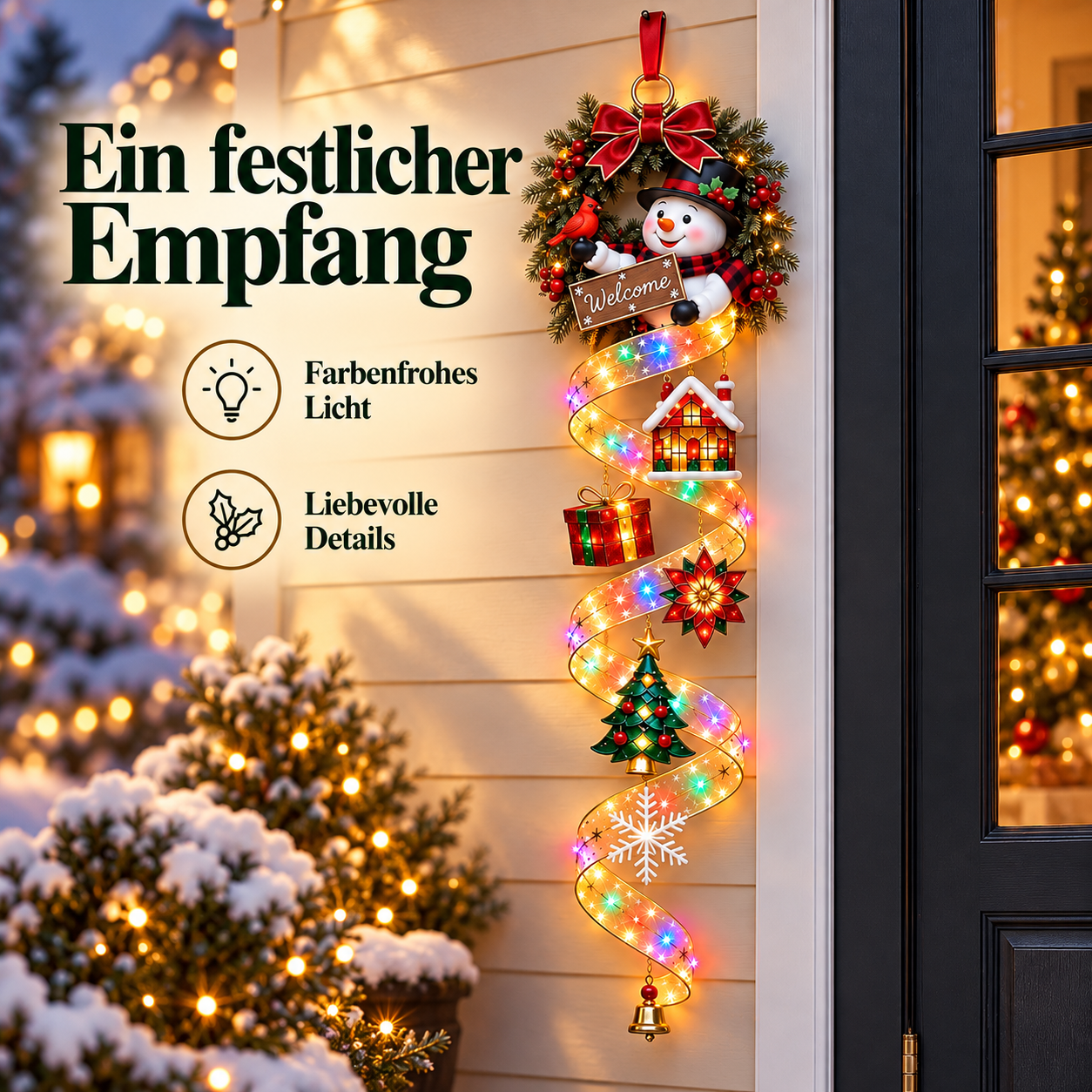 Leuchtender Schneemann-Türschmuck für einen festlichen Empfang