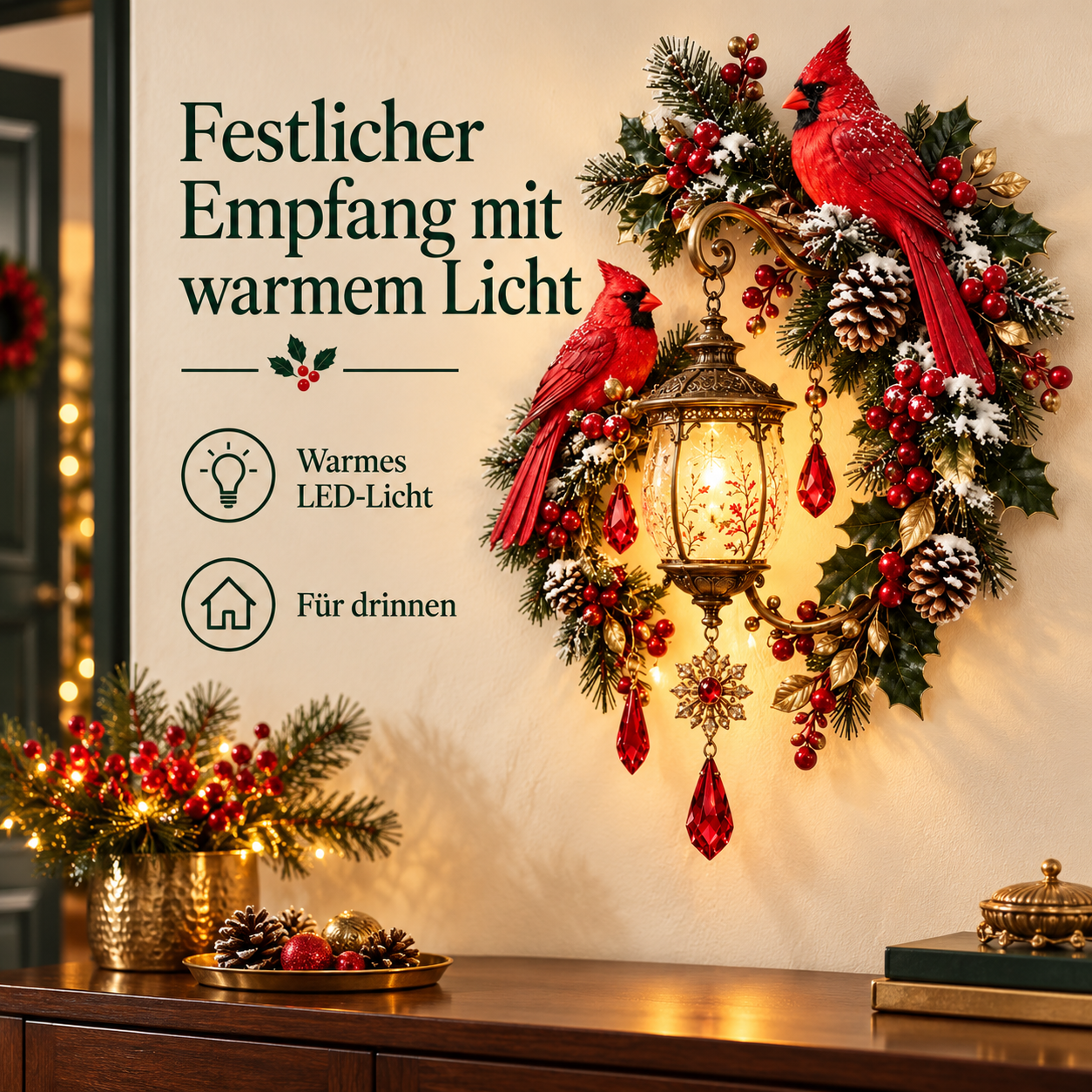 Weihnachts-Wandlaterne mit Kardinalvögeln für warmes Festlicht