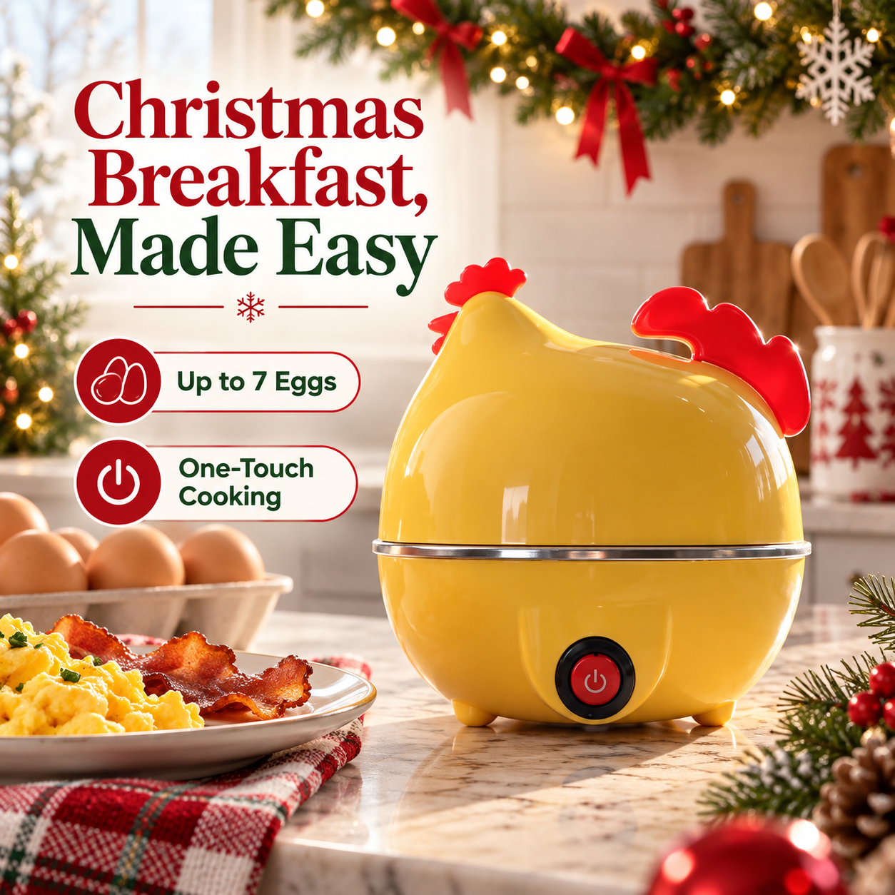 Christmas breakfast hero with yellow chicken egg cooker