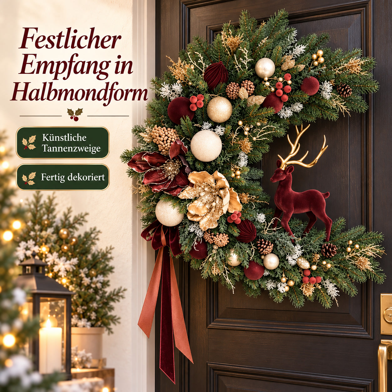 Weihnachtskranz in Halbmondform für einen festlichen Empfang
