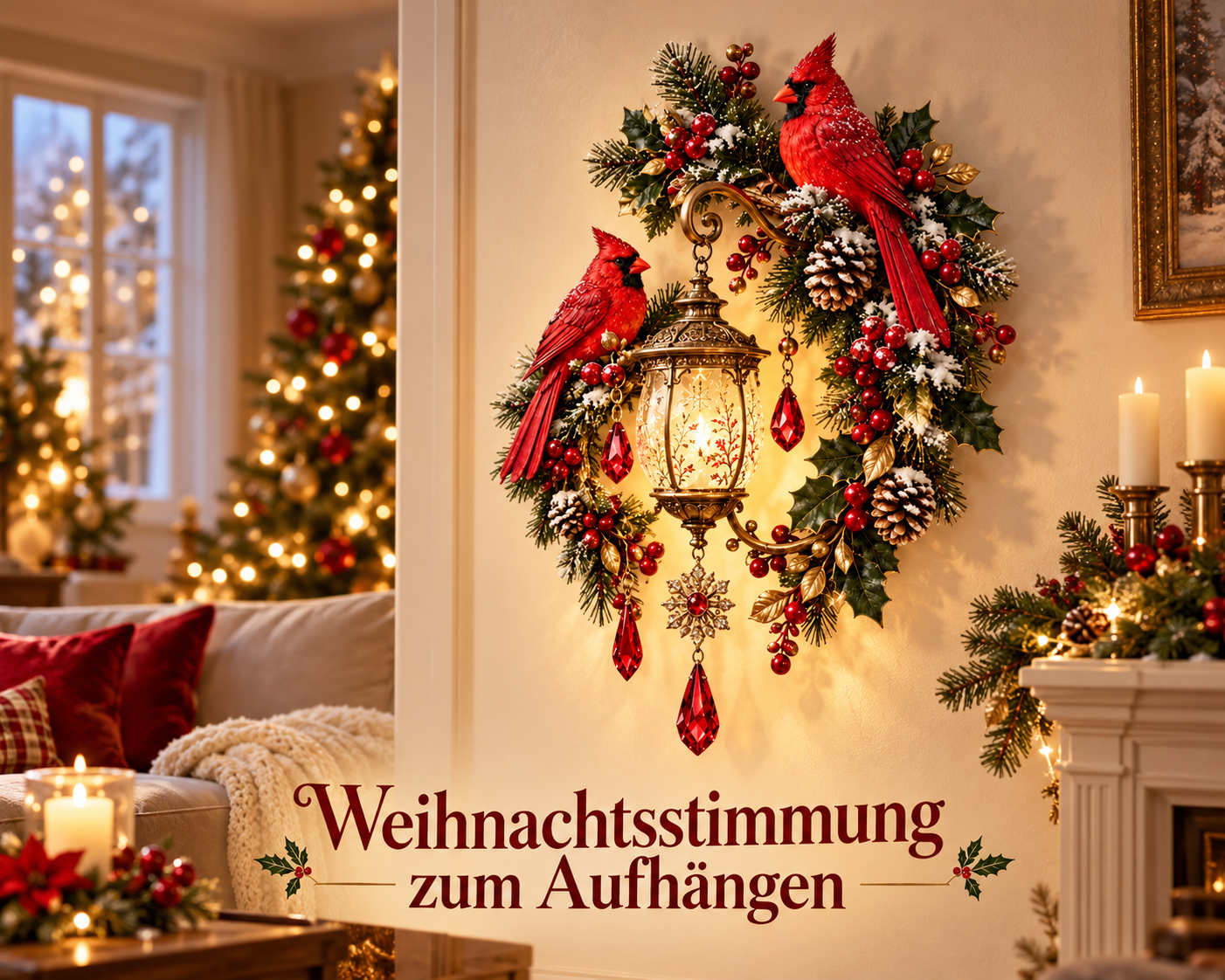 Weihnachts-Wandlaterne mit Kardinalvögeln für warmes Festlicht