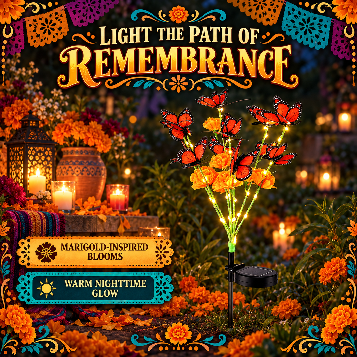 Solarleuchte mit Tagetes und Schmetterling in einem respektvollen Día-de-Muertos-Erinnerungsgarten