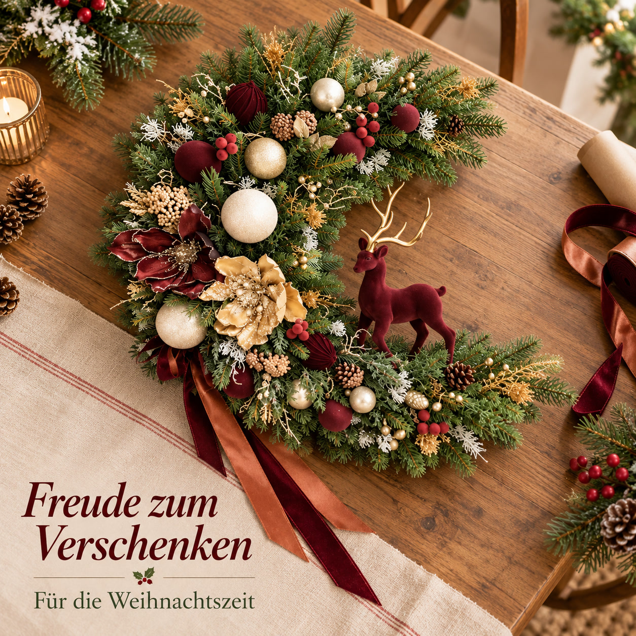 Weihnachtskranz in Halbmondform für einen festlichen Empfang