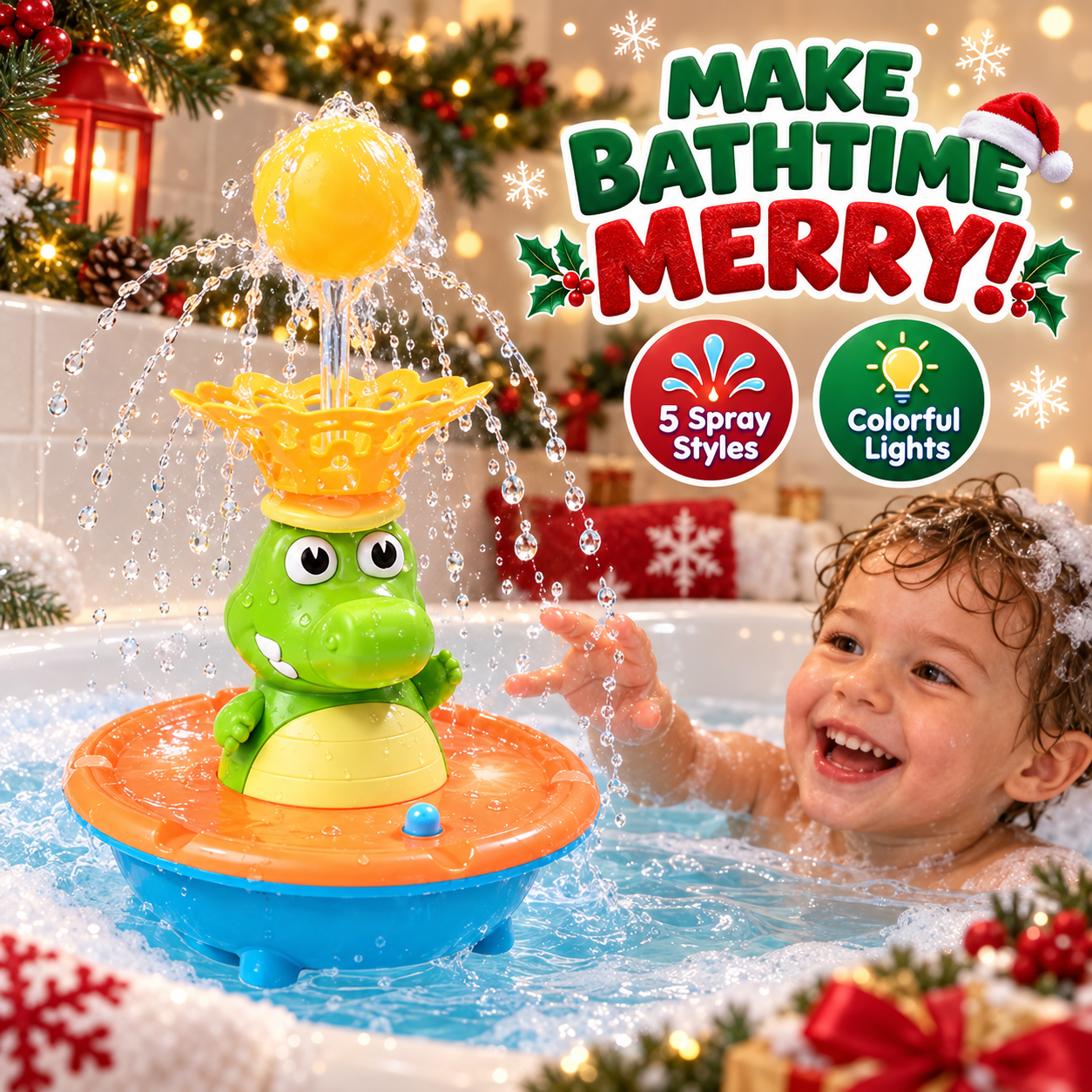 Christmas crocodile fountain bath toy spraying water in a festive bathtub