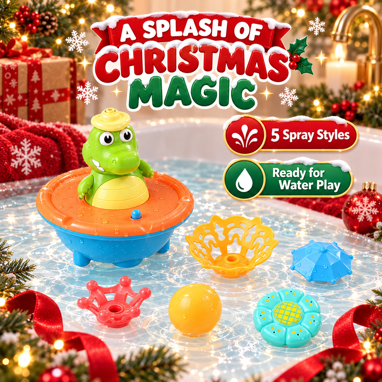 Christmas crocodile bath toy gift set with five spray accessories