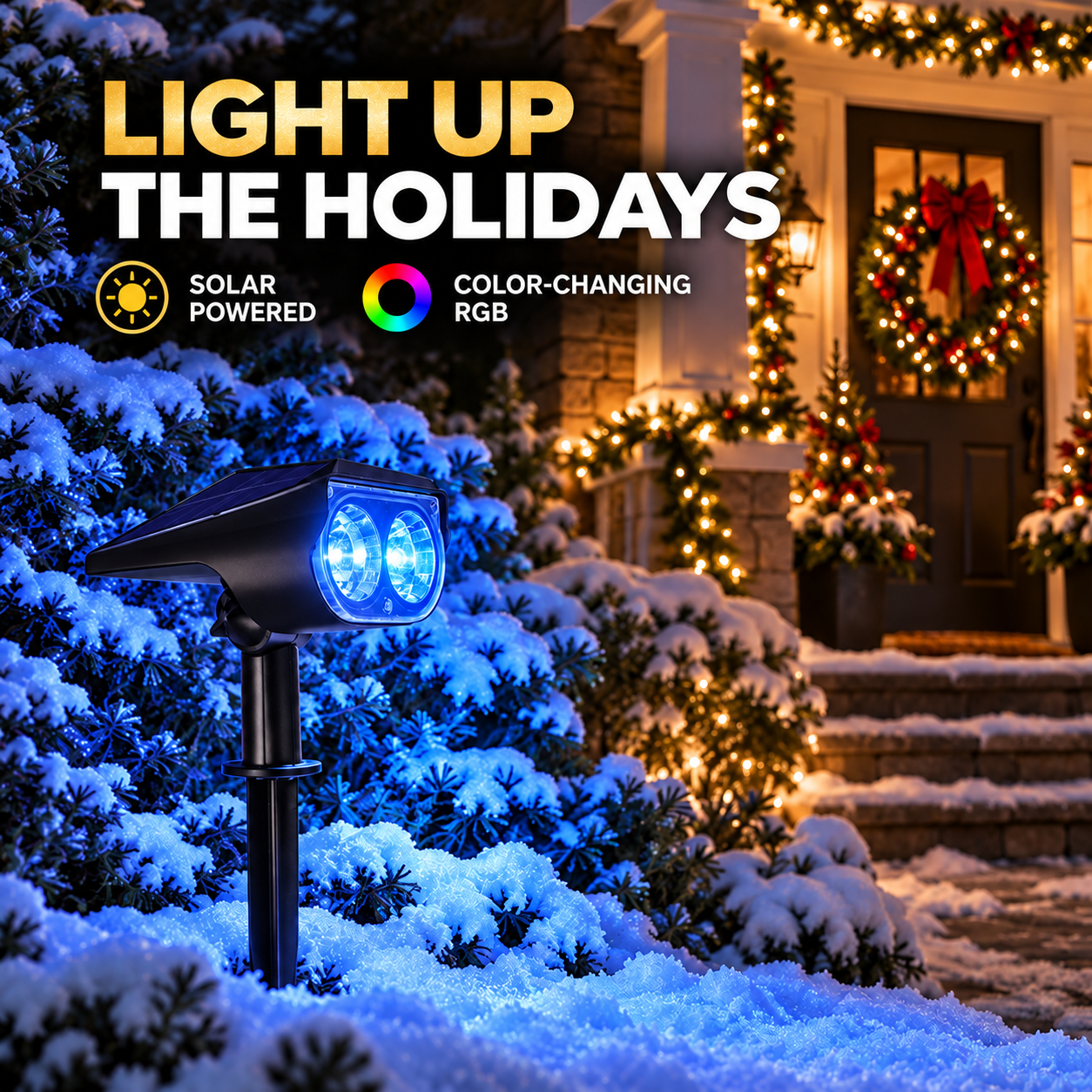 RGB solar spotlight lighting a Christmas front yard with matching blue lenses