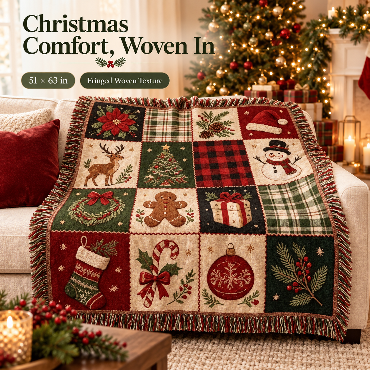 Vintage Holiday Patchwork Woven Throw with Fringe — 51 × 63 in - 1