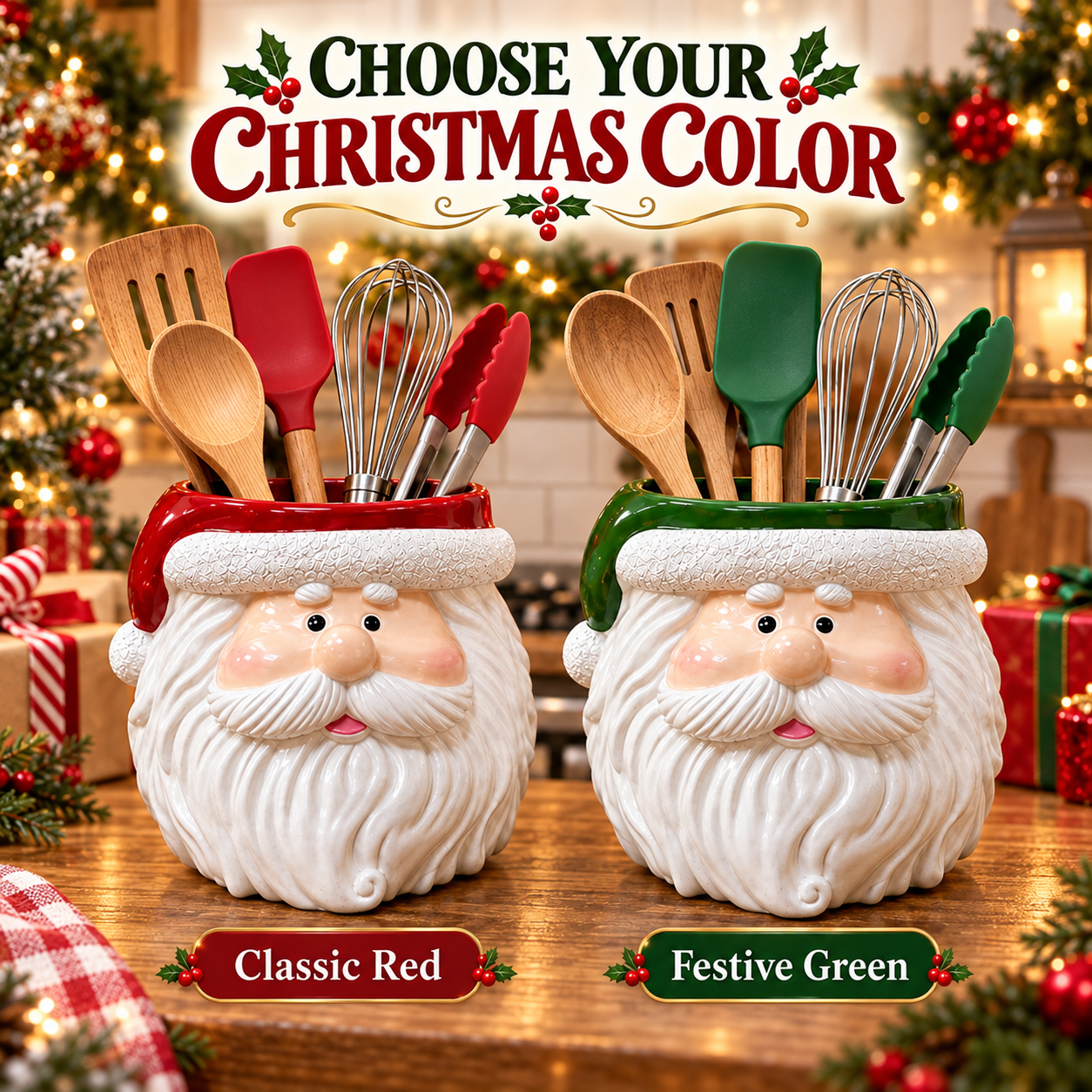 Red and green Santa utensil holder color options