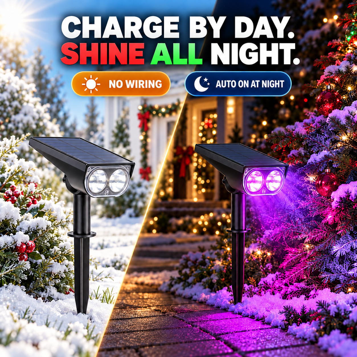 Solar spotlight charging by day and shining purple at night