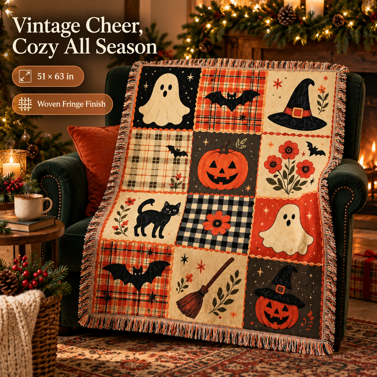 Vintage Holiday Patchwork Woven Throw with Fringe — 51 × 63 in - 2