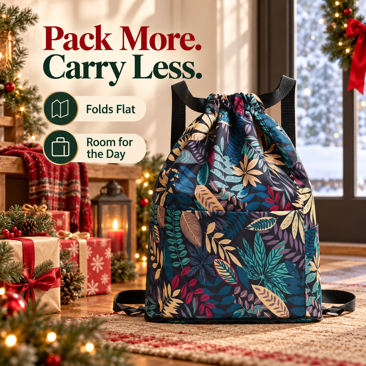 Botanical foldable drawstring backpack in a Christmas entryway