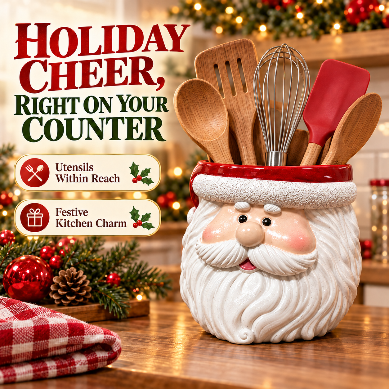 Red Santa utensil holder with a clean red rim on a festive kitchen counter