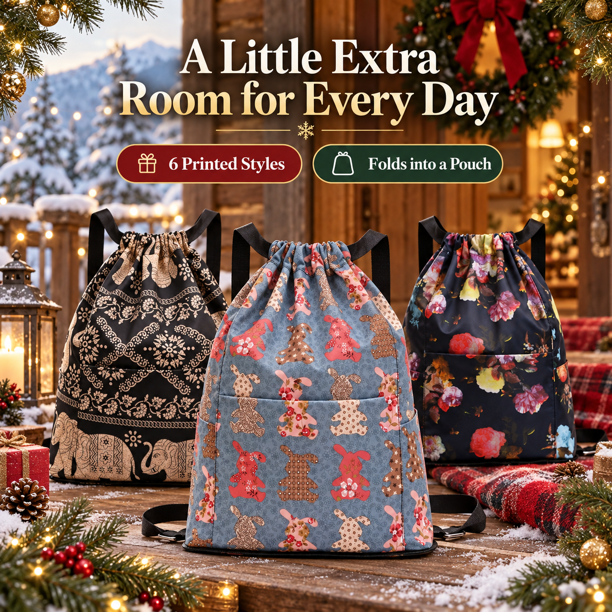 Three printed backpack styles in a festive cabin entryway