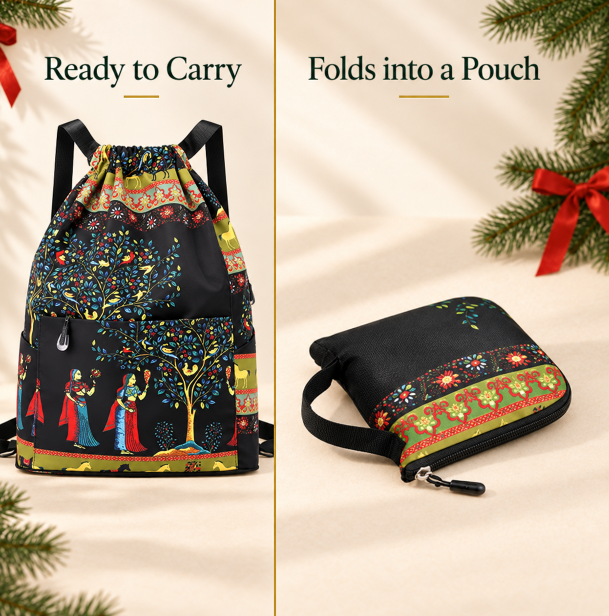 The backpack ready to carry and folded into its matching compact pouch