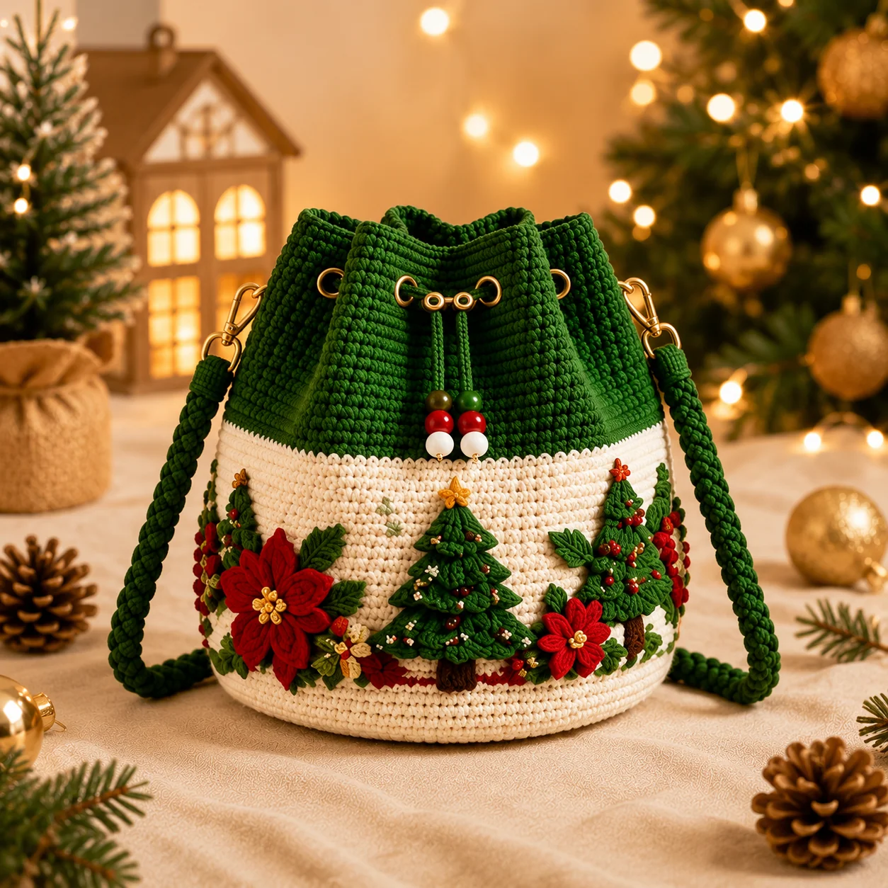 Christmas tree crochet bucket crossbody bag