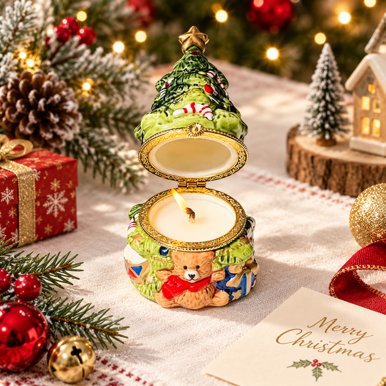 Keramik-Duftkerze mit Wunschbox in Weihnachtsbaumform – Produktabbildung