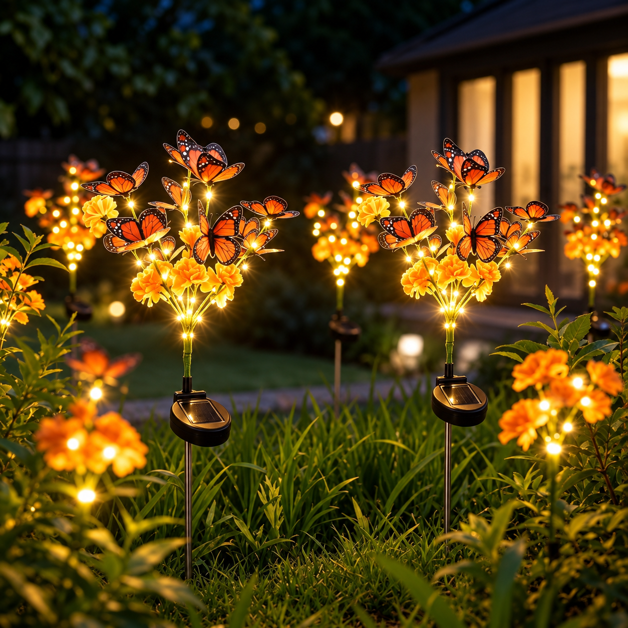 Zwei Solar-Gartenleuchten mit Tagetes und Schmetterlingen als Gestaltungsidee