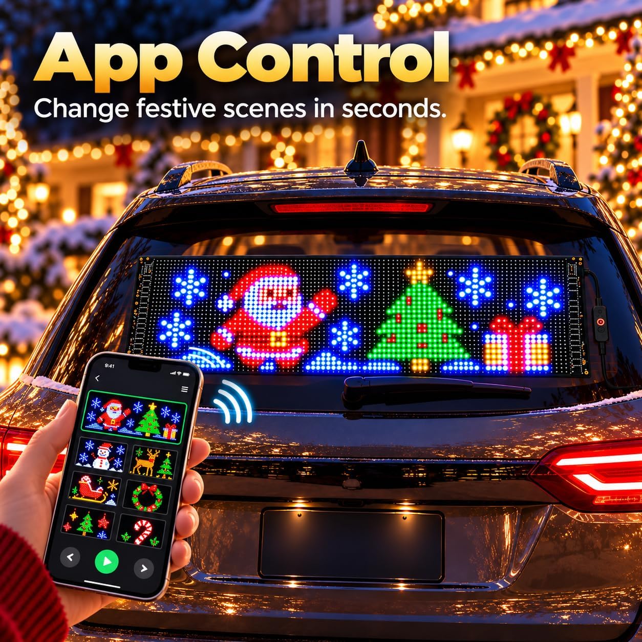 App-controlled Christmas LED screen on a vehicle rear window