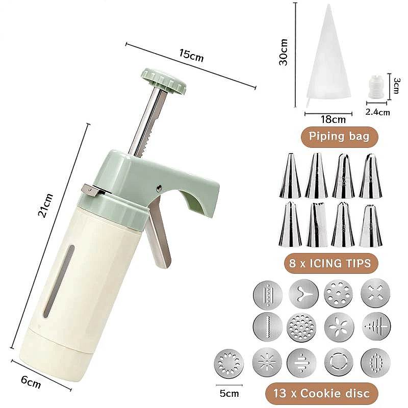 Cookie press kit dimensions and included accessories