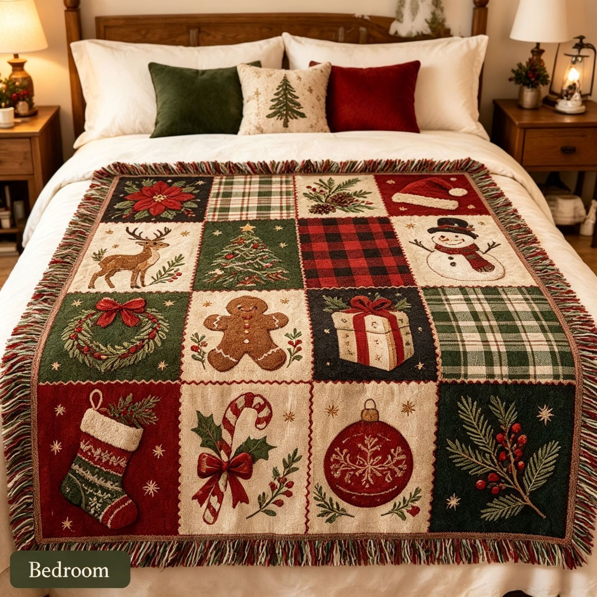Vintage Holiday Patchwork Woven Throw with Fringe — 51 × 63 in - 3
