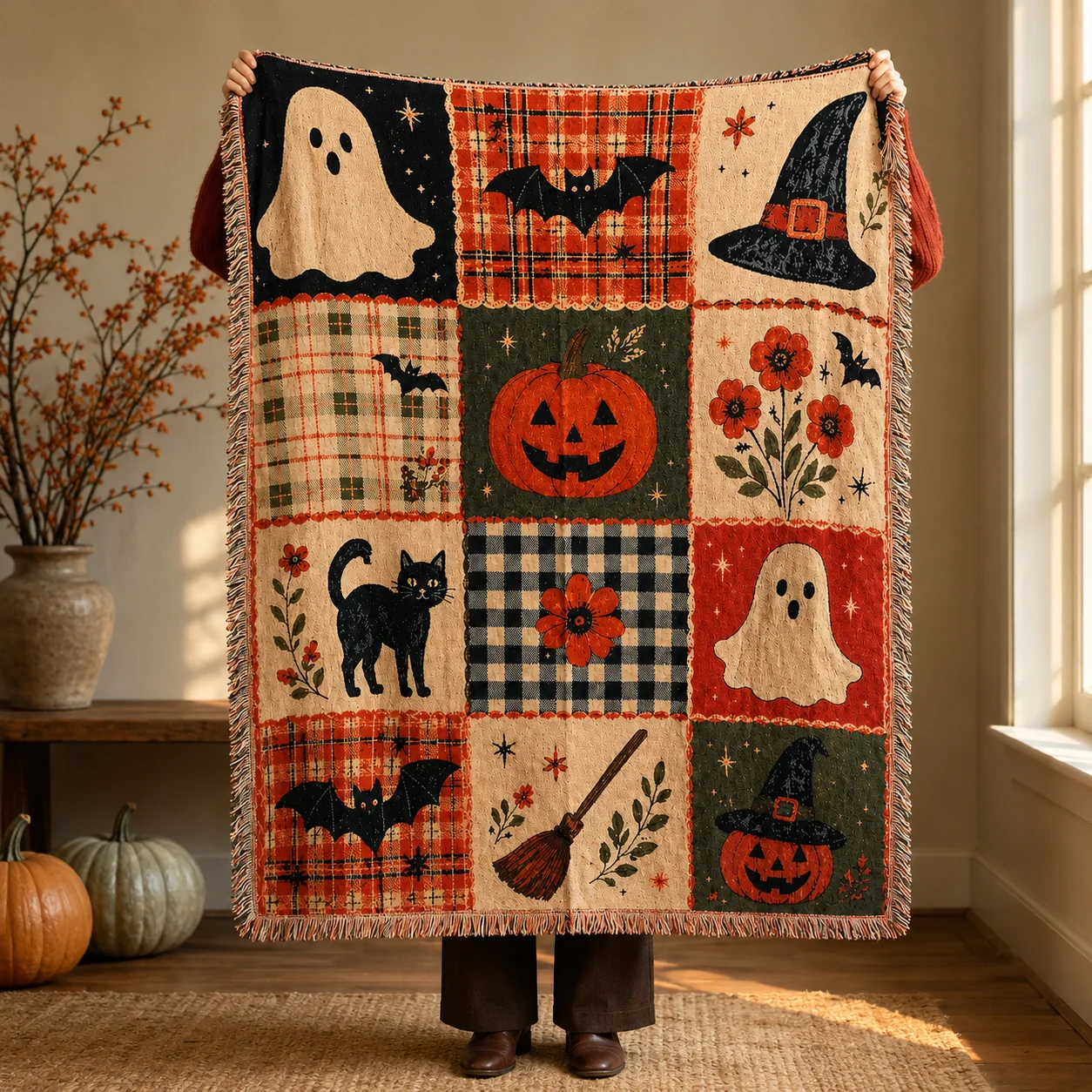 Vintage Holiday Patchwork Woven Throw with Fringe — 51 × 63 in - 4