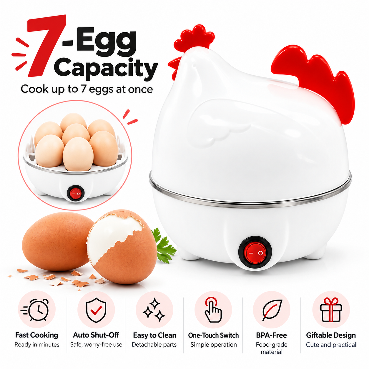 White chicken egg cooker with seven-egg rack