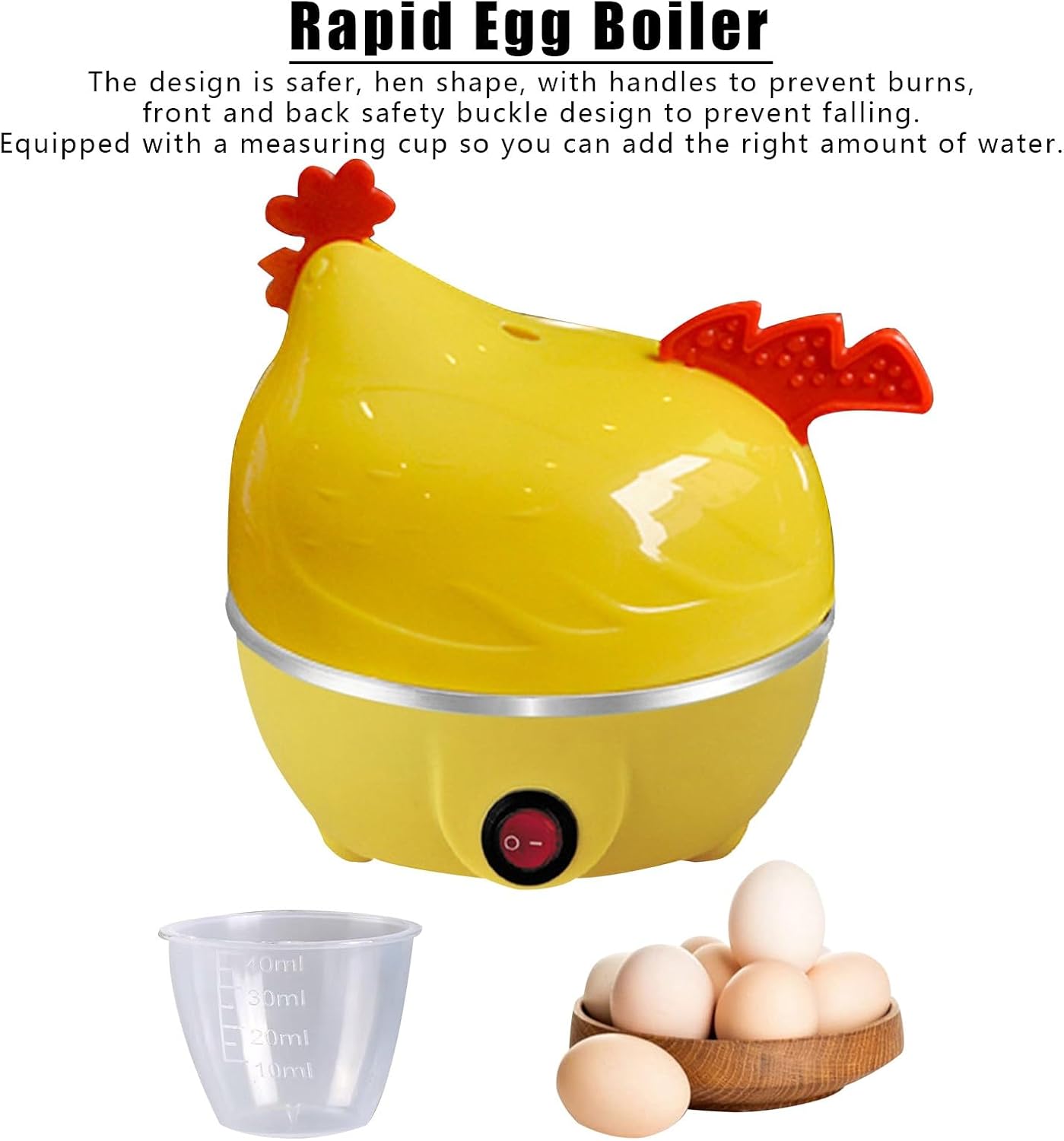 Yellow chicken egg cooker with measuring cup
