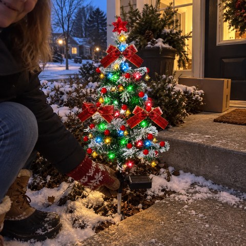 Juletræslygte på spyd ved en snedækket veranda