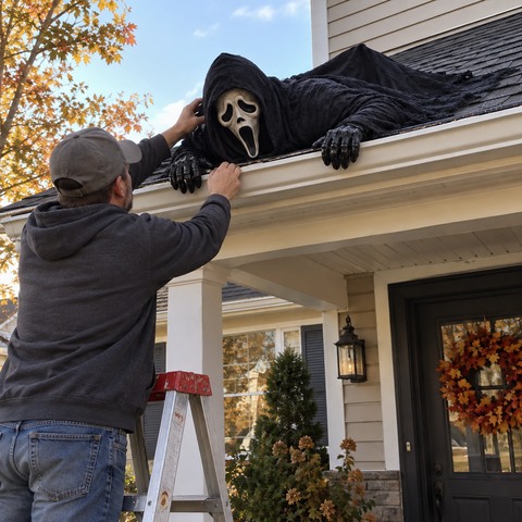 Homeowner installing a black-robed rooftop crawler above a porch