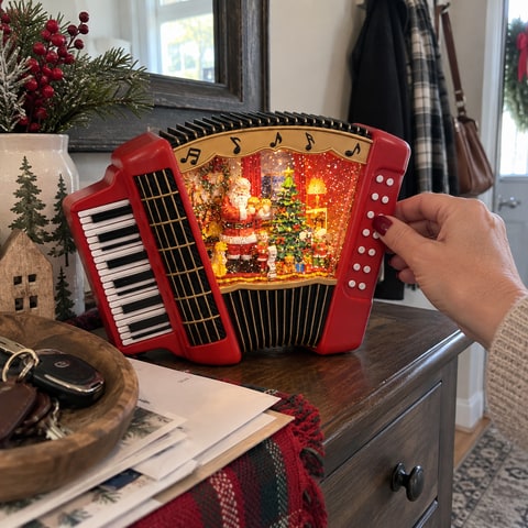 Christmas accordion music box on an entryway console