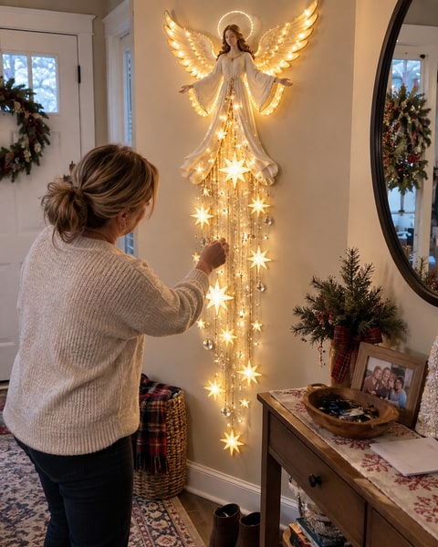 Angel wall light being adjusted in a Christmas entryway