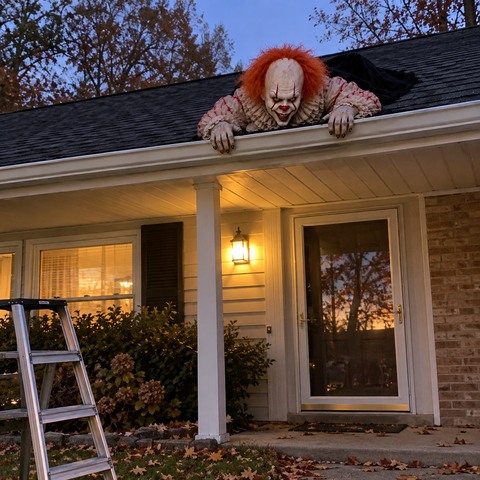 Creepy clown rooftop crawler displayed on a suburban porch at dusk
