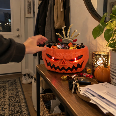 Animeret græskarslikskål på et lille entrébord i en lejlighed