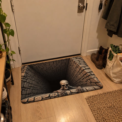 Skeleton illusion mat in a small apartment entryway