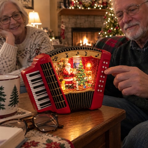 Older couple enjoying the glowing music box by a fireplace