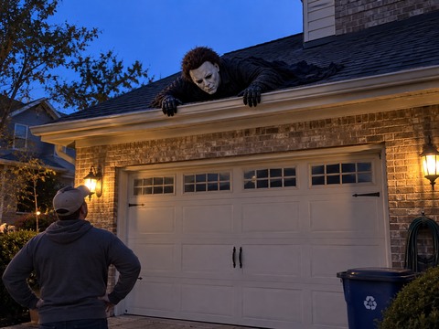 Pale-mask rooftop crawler above a two-car garage at blue hour