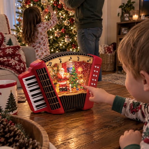 Child enjoying the music box during family tree decorating
