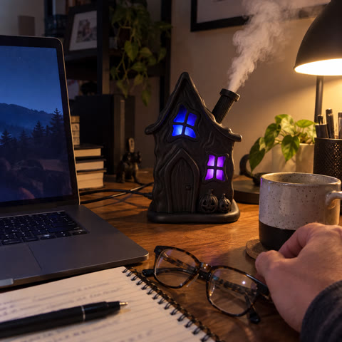 Haunted house humidifier running on a home office desk at night