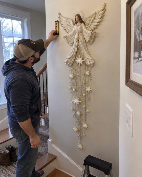 Angel starfall wall light being hung on a staircase wall