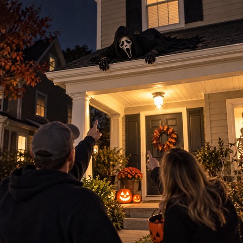 Visitors reacting to a white-mask rooftop crawler over a Halloween porch