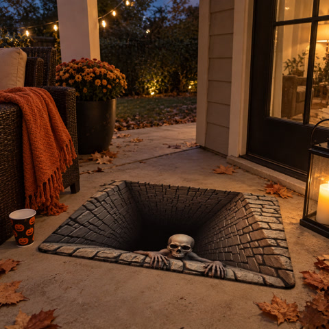 Skeleton illusion mat on a covered patio at dusk