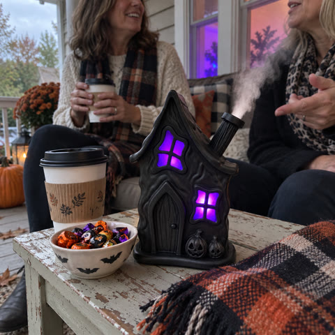 Friends enjoying the haunted house humidifier on a covered porch