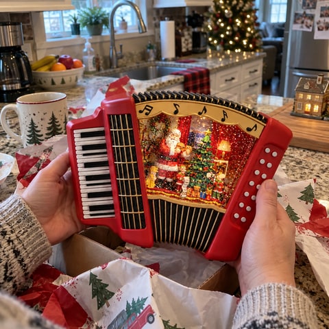 Christmas accordion music box being opened as a holiday gift